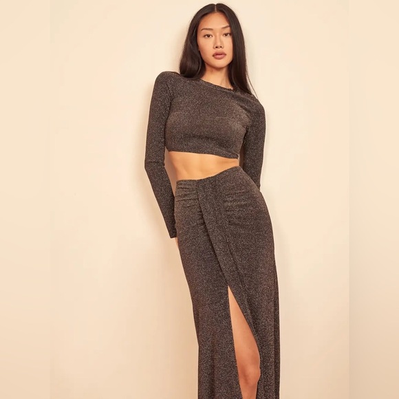 Reformation Zion Long Sleeve Midi Skirt Metallic Two Piece Set Size Medium - Picture 2 of 12